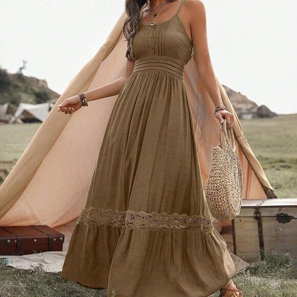 Dresses & Skirts - Khaki Casual Women's Contrast Lace Ruffle Hem Cami Maxi Sundress